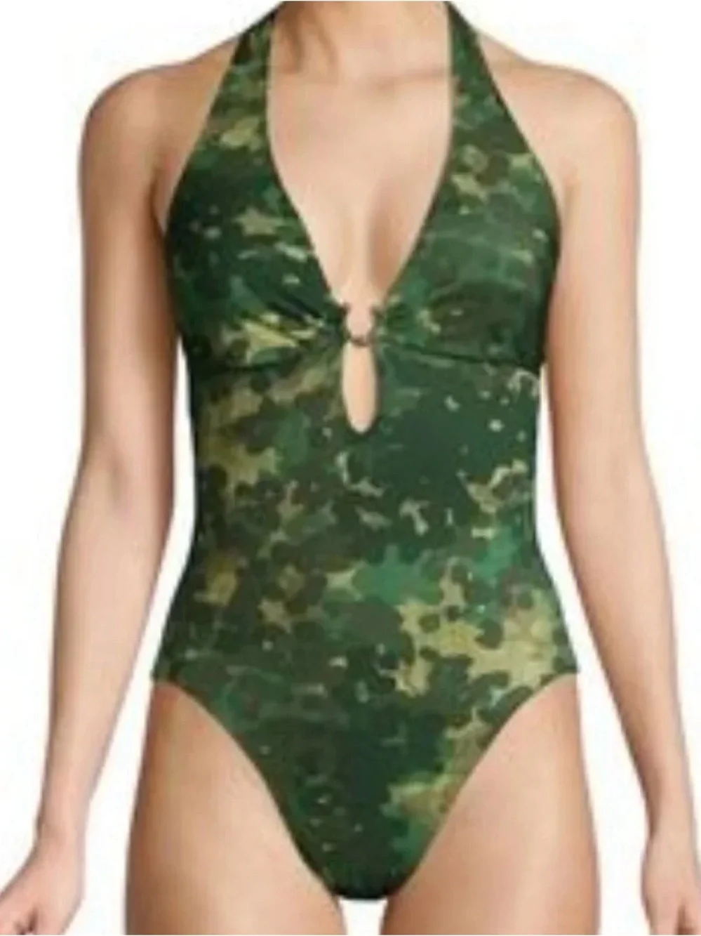 Robin Piccone Plunging Neckline Halter One-Piece Green Camouflage Size 6
